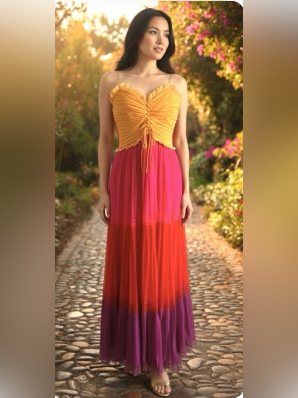 Nina Ricci Paris Silk Chiffon Maxi Dress Pink Red Purple Yellow Vintage 80s